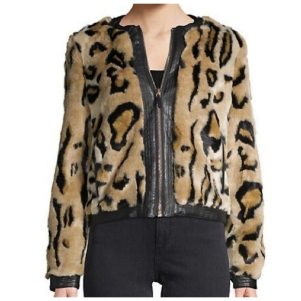 Karl Lagerfeld Leopard Print Bomber Jacket with Black Leather Trim